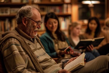 Fototapeta premium Adults Engaged in a Cozy Night Class in a Warm Library Setting for Lifelong Learning