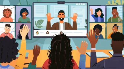 Virtual Classroom with Engaged Students Raising Hands for Questions - Online Learning Concept