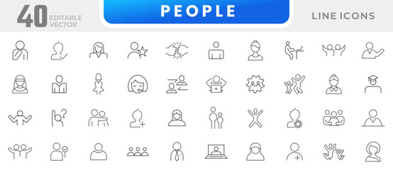 People and person line icon collection. Research, meeting, business communication, employee job, management, startup and teamwork icon set. UI outline icons pack