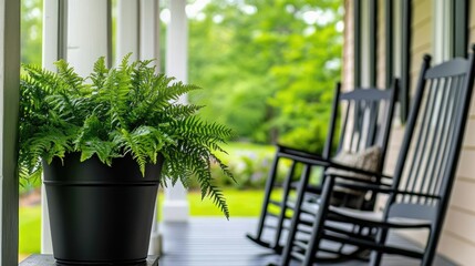 A black square pot features vibrant green ferns on the front porch, complementing the sleek black rocking chairs against a tranquil backdrop