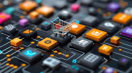 A shopping cart surrounded by diverse icons representing various products and services, illustrating a vibrant shopping experience.
