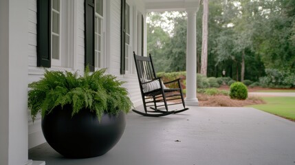 A black square pot features vibrant green ferns on the front porch, complementing the sleek black rocking chairs against a tranquil backdrop