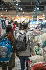 Families Shopping for Dorm Room Essentials in a Bustling Department Store
