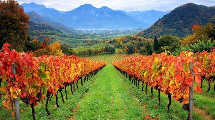 Naklejka premium A lush green field dotted with vibrant red and yellow leaves, surrounded by majestic mountains