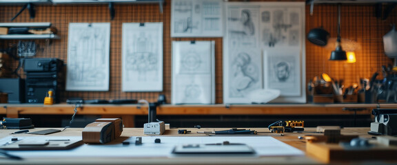 An industrial designers workshop with sketches on the wall, a workbench with tools, and prototypes