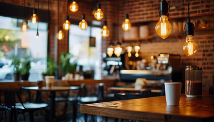 A chic, urban coffee shop interior with exposed brick walls, hanging Edison bulbs, and reclaimed