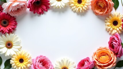 Obraz premium Beautiful Arrangement of Colorful Flowers on White Background, Perfect for Invitations and Greeting Cards