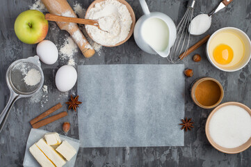 The process of making a pie. Ingredients, products and kitchen utensils for making apple and...