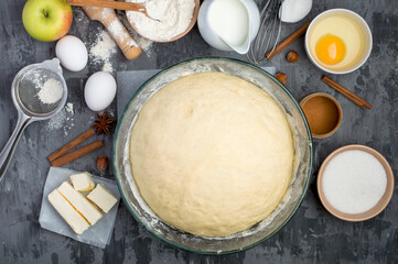 The process of making a pie. Ingredients, products and kitchen utensils for making apple and cinnamon pie. Top view, horizontal.