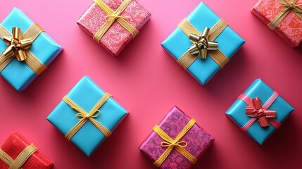   A collection of gift-wrapped presents stacked atop a pink background, adorned with golden ribbons and bows
