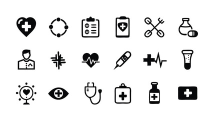 A set of 19 black and white medical icons, including a heart with a cross, a clipboard with medical symbols, a doctor, a stethoscope, and more.