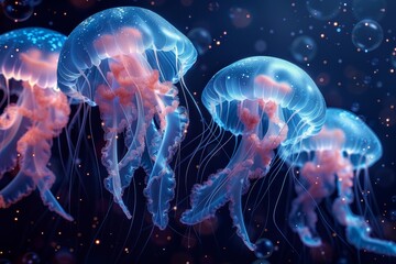 Fototapeta premium A group of jellyfish with bubbles in the sea. Generative AI