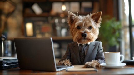 Adorable Dog in Business Attire Working at Office Desk with Laptop and Coffee