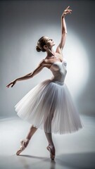 Naklejka premium Portrait of a ballerina, mid-pose, studio lighting, white background, high contrast.