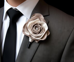 Elegant Male Suit with Beige Floral Lapel Pin, Close-Up Wedding Detail, Man in Formal Attire