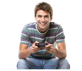 Gamer concentrating and holding a joystick while playing video games on a console