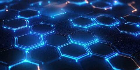 Obraz premium Futuristic hexagonal pattern with glowing blue lights on a dark surface, ideal for technology and digital design concepts.