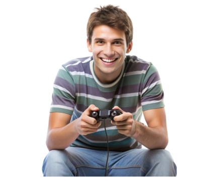 Gamer concentrating and holding a joystick while playing video games on a console