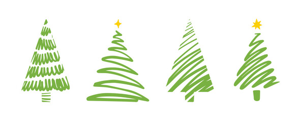 Christmas trees silhouettes isolated. Hand drawn brush strokes. 