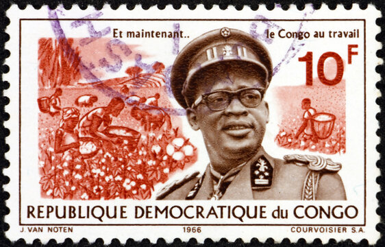 Postage stamp Congo 1965 President Mobutu Sese Seko (1930-1997) and cotton harvest