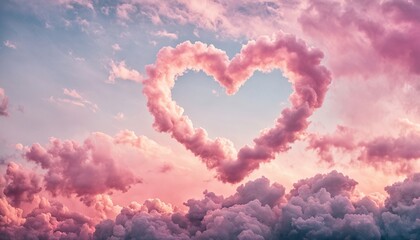 Fototapeta premium Pink Heart-shaped clouds at sunset over a serene landscape