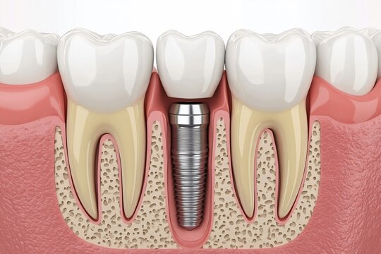 Dental implant replacing missing tooth - cross section view