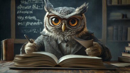 Wise Owl Reading Book in Library - Scholarly Scene of An Owl Studying Literature