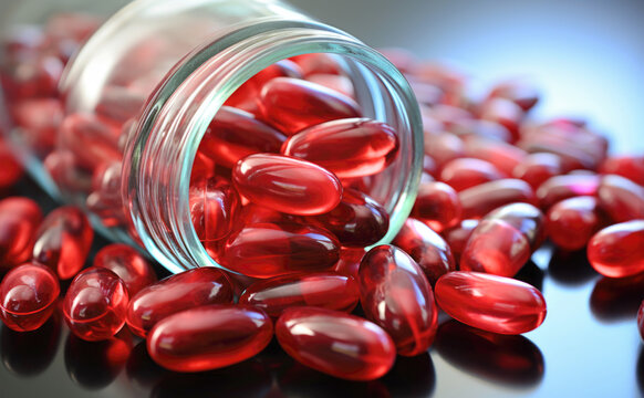Glass bottle spilling red soft medical gel capsules