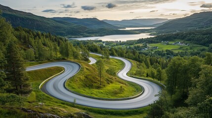 Fototapeta premium Winding road through lush hills near a calm lake at sunset