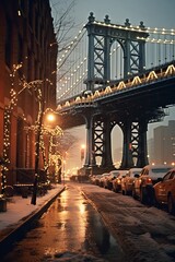 Obraz premium Soggy Twilight Dreamlike Snowfall on the Brooklyn Bridge