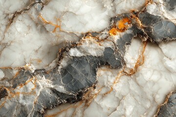 Polished stone surface showcasing intricate patterns and textures with gray, white, and orange veins