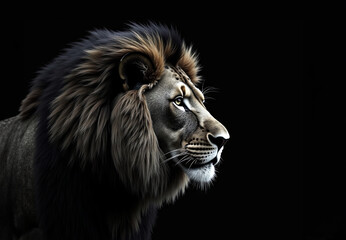 Fototapeta premium A chic proud lion - the king of beasts looks into the distance on a black background