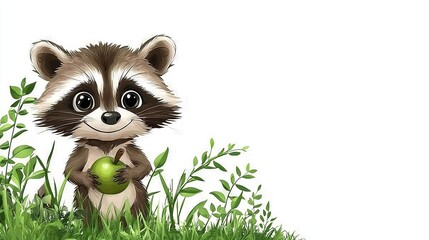 Obraz premium A raccoon holding a green apple in a field of grass with a void space at its center