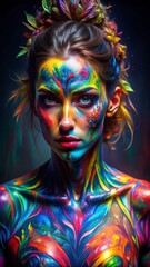 Artistic portrait, woman with body paint, dramatic lighting, abstract background, surreal.