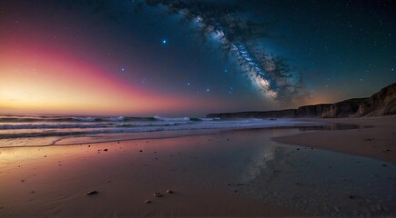 A sandy beach with waves lapping at the shore under a starry night sky. AI.