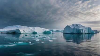 Icebergs float in the ocean under a cloudy sky. AI.
