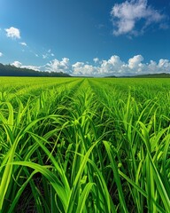 Fototapeta premium Green field with a blue sky and fluffy clouds. AI.