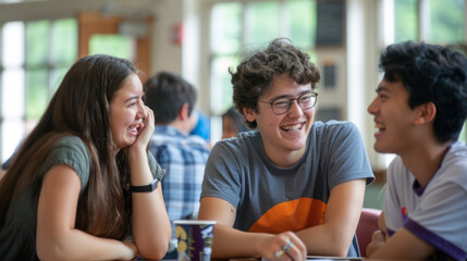 Students chat and laugh during break, sharing experiences from their summer vacations together