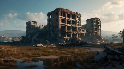 Fototapeta premium A ruined building stands amidst the rubble, a stark reminder of devastation. AI.