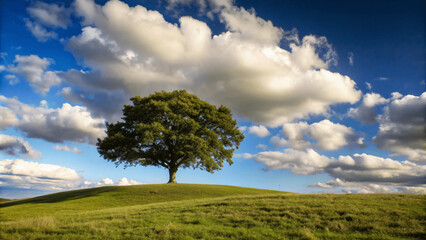 Obraz premium A single tree stands on a grassy hill under a clear blue sky and clouds natural background, solitude zen relax tree isolated various design