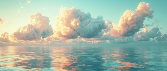 Tranquil View of Fluffy Clouds Drifting Above Serene Sea with Soft Pastel Sky Background