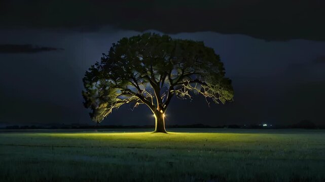 A solitary tree illuminated by lightning during a dramatic storm at night