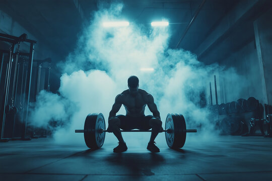 A determined athlete prepares for an intense weightlifting session in a dimly lit gym filled with smoke and energy