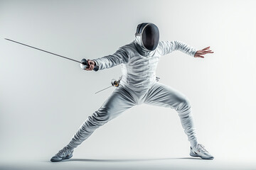 Obraz premium An athlete in a dynamic fencing pose, showcasing skill and focus in a minimalist studio environment during a training session