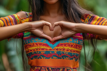 A woman expresses love with her hands creating a heart in a colorful top against a vibrant natural backdrop