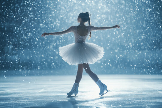 Graceful figure skater performing under ethereal spotlight on a frozen rink during winter nights