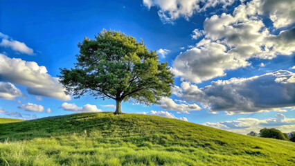 Fototapeta premium A single tree stands on a grassy hill under a clear blue sky and clouds natural background, solitude zen relax tree isolated various design