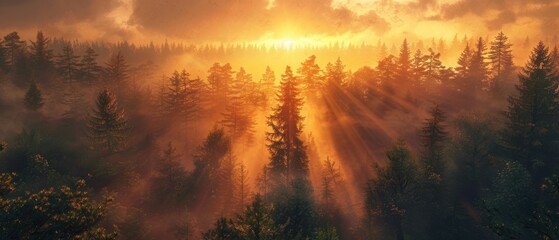Majestic Sunrise Over Forest in with Sunrays and Clouds