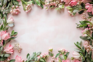 Fototapeta premium Elegant floral border with vibrant flowers lush greenery on light background. Ideal for decorative designs wedding invitations or romantic designs valentines day, mother's day, women's day