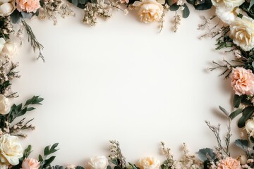 Elegant floral border with vibrant flowers lush greenery on light background. Ideal for decorative designs wedding invitations or romantic designs valentines day, mother's day, women's day